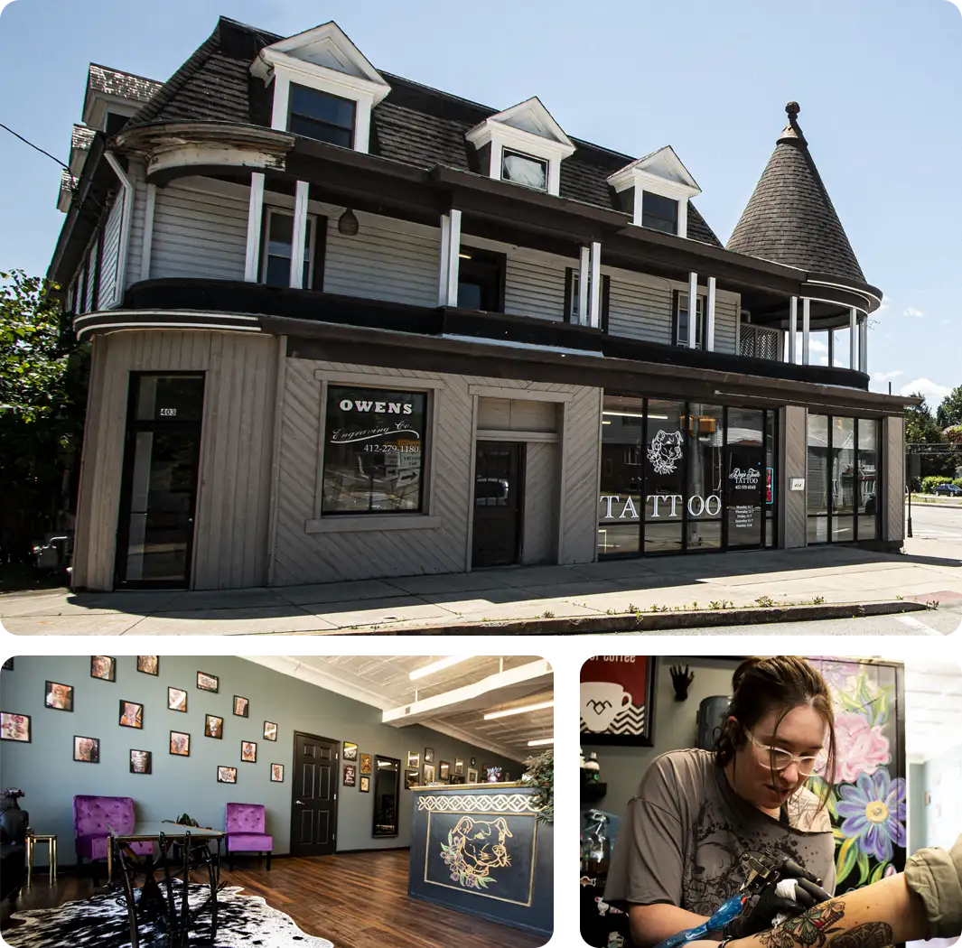 A collage of exterior and interior photos of Dog's Tooth Tattoo in Pittsburgh, including tattoo artist and owner Lauren Miller